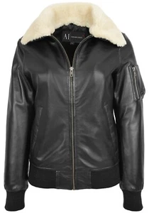 Womens Leather Bomber Jacket Black Removable Sheepskin Collar Fitted Varsity NEW - Picture 1 of 10