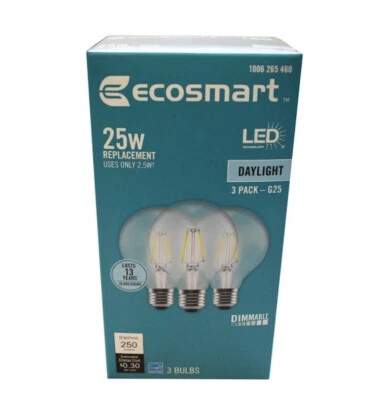 Ecosmart  G25 LED 25w 1006265460 daylight bulbs  3pk - Image 1 of 4