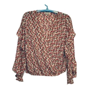 Max Studio Floral Boho Blouse Ruffle Long Sleeve V-Neck Top White Red Size XL - Picture 1 of 8