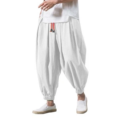 Men Harem Pants Casual Elastic Waist Hippie Bottoms Pant Baggy Wide Leg Trousers - Image 1 of 4