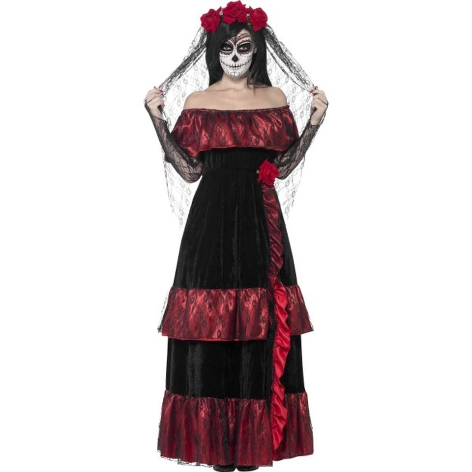 Disfraz de Novia Smiffys Deluxe Día de Muertos, Negro con Vestido y Velo Rosa, Mexi Foto 1 de 1