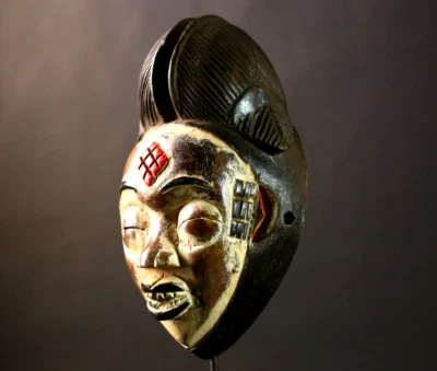 Máscara Africana Pintada Punu Madera Antigua Tallada a Mano Cara Ritual Arte-G4408 Foto 1 de 4