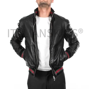 ITALIAN HANDMADE MEN SOFT LAMBSKIN SLIM FIT LEATHER BOMBER JACKET BLACK XL - Picture 1 of 9