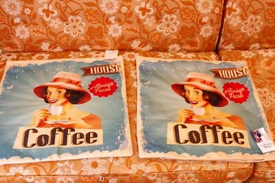 House Coffee Pin up Linen Square Pillow Case Throw Pillow Cushion Cover - Image 1 of 3