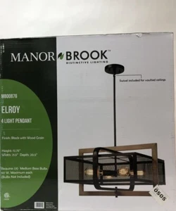Manor Brook Elroy 4-Light Black and Wood Grain Pendant - Picture 1 of 4