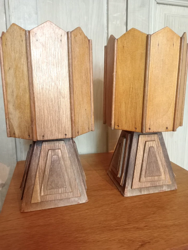 PAIR OF ART DECO PLANT HOLDER STANDS VINTAGE ANTIQUE SOLID OAK AND PLY DETAILS - Image 1 of 4