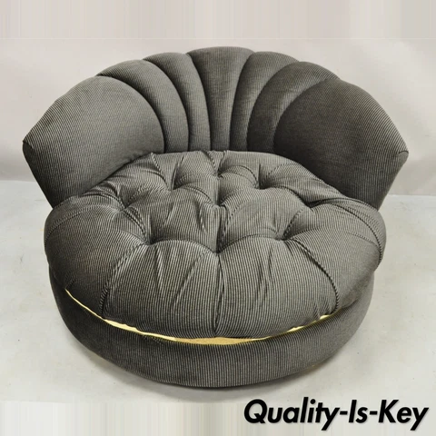 Large Milo Baughman Style Round Black Club Lounge Chair Brass Trim Feet - Single Cover