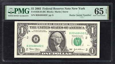 FR 1928-B 2003 $1 FEDERAL RESERVE NOTE “RADAR S/N B20488402C” PMG GEM UNC-65EPQ - Image 1 of 2