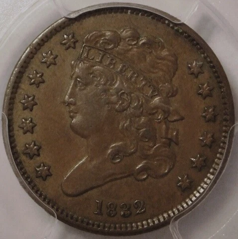 1832 CLASSIC HEAD HALF CENT, EXCEPTIONAL CONDITION, PCGS AU53 Cover