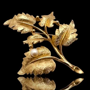 Charel Blatt Brosche goldfarben Kunstperle signiert 3" Statement Vintage - Bild 1 von 9