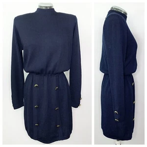 •ST. JOHN• for Saks Fifth Vintage Navy Mock Neck Button Front Blouson Dress - Picture 1 of 5