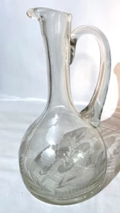 VINTAGE 10" GLASS DECANTER PITCHER ETCHED FLOWERS WHEAT NO LID HEAVY BASE HANDLE - Picture 1 of 6