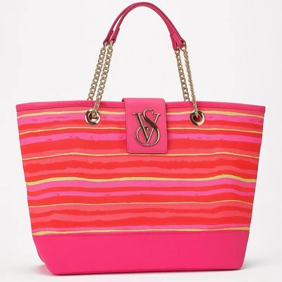 👜 VICTORIA’S SECRET- Pink Stripe Canvas Tote / Beach Bag with Gold Chain Straps - Image 1 of 4