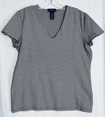 Jones New York Signature XL Brown White Striped V-Neck Top Cotton Stretch Tee - Image 1 of 4