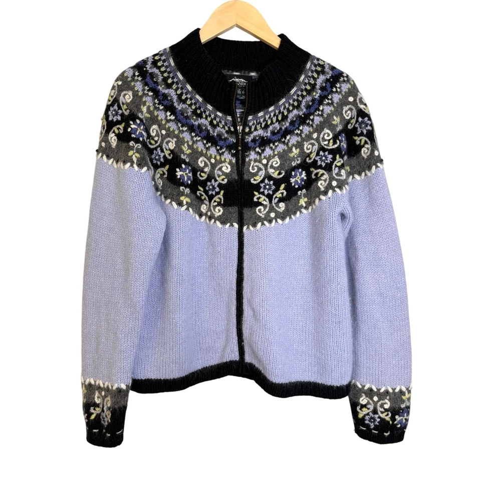 Suéter Vintage Diseños Islandeses Para Mujer L Azul Lana de Cordero Angora Cremallera Fair Isle Foto 1 de 4
