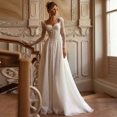 Luxury A-Line Wedding Dresses Long Sleeves Lace Sequin Flower Beaded Bridal Gown - Image 1 of 4