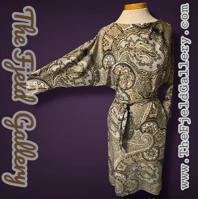1970’s Brown, Gray, Black & White Paisley Pattern Bat Wing Belted Sheath Dress  - Image 1 of 4