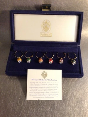 FABERGE Egg Wine Charms Set of 6 Guilloche Enamel & Swarovski Crystal Velvet Box - Image 1 of 4