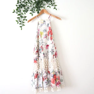 Ranna Gill Women's Sleeveless White Floral Lined Crochet Panels Pleated Dress S - Picture 1 of 4