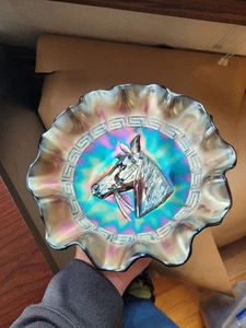 Nice Purple Dugan Carnival Glass Pony Pattern Ruffled Bowl Chip on Base - Picture 1 of 16