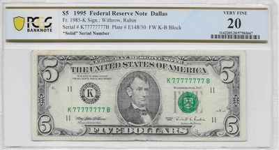 *SOLID* 7's - $5 1995 FRN Fancy Serial # 77777777 PCGS 20 - Image 1 of 2