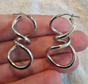14K massives Weißgold glänzend verdrehte Spirale Creolen Ohrhänger 1,3" Italien - Bild 1 von 6