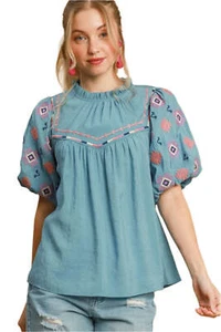 Umgee Embroidered Puff Sleeve Mock Neck Top - Picture 1 of 4