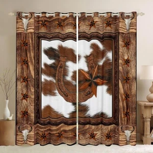 Horseshoe Window Curtains Texas Star Bull Skull Cow Fur Print Window Drapes for - Picture 1 of 3