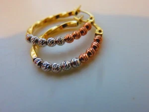Gold Oval Hoop Earrings 9 Carat Yellow Gold With Rose & White Gold Diamond Cut - Picture 1 of 4