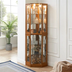 6 Shelf Corner Curio Display Cabinet w/Light & Mirrors Adjustable Shelves-Oak - Picture 1 of 17