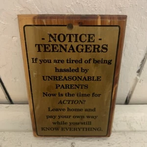 Vintage Know Everything “Notice TEENAGERS” Humorous Cedar Wood Sign~ 1960’s. - Picture 1 of 3