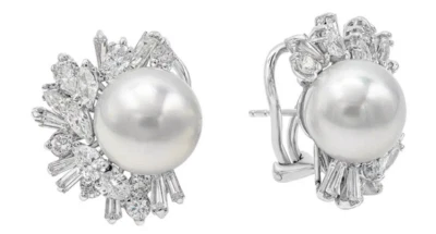 Beautiful 7.50CT Pearl Accented With Cluster Of Cubic Zirconia Earring For Women - Image 1 of 4