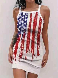 Sexy American Flag Print Tank Dress Casual Square Neck Sleeveless Patriotic USA - Picture 1 of 3