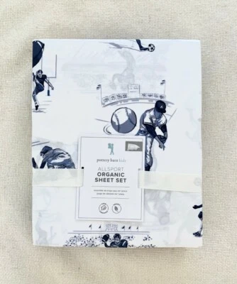 Pottery barn kids Organic All Sports Sheet Set Twin Grey Blue white Multi Soccer - Image 1 of 3