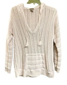 Ruff Hewn Womens Hooded Sweater Size L Ivory Cable Knit Kangaroo Pockets Unisex - Picture 1 of 6