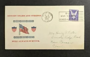 1944 Bright Stars and Stripes Illustrated Patriotic Cover Sioux City Iowa to CT - Picture 1 of 2