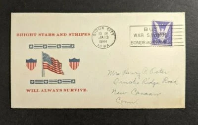 1944 Bright Stars and Stripes Illustrated Patriotic Cover Sioux City Iowa a CT Foto 1 de 2