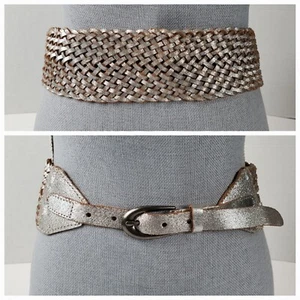 BED STU Size Small 29" Corliss Silver Metallic Woven Braided Corset Leather Belt - Picture 1 of 12