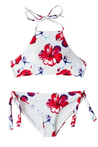 Red Floral Halter Top Padded 2-PIECE BIKINI SET Tween/Teen Girls & Young Women - Picture 1 of 12