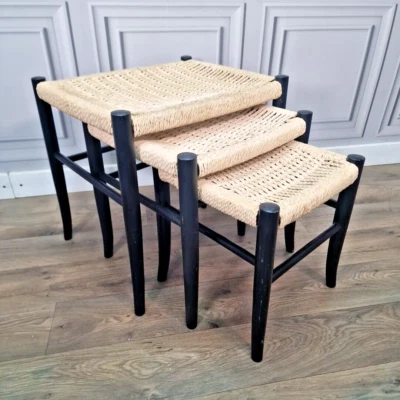Vintage Nesting Tables Ebonized Danish Cord Woven 1960's Nest of Stools Retro - Image 1 of 4