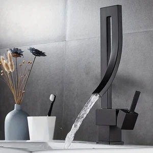 Black Waterfall Bathroom Vessel Sink Faucet Single Hole Single Handle Mixer Tap - Picture 1 of 8