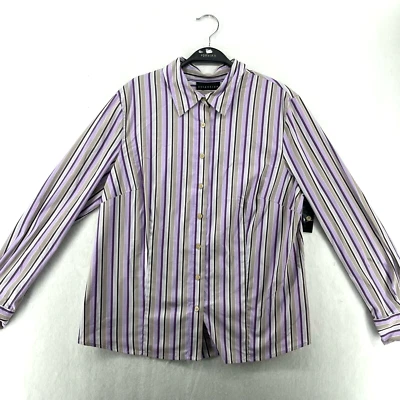 Camisa con botones Attention para mujer talla XL púrpura marrón a rayas cuello manga larga Foto 1 de 4