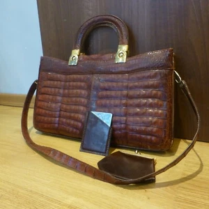 Bolso de mano vintage retro mujer marrón cálido imitación cuero cocodrilo + cartera + espejo - Imagen 1 de 12