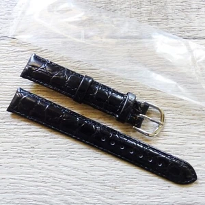 BRACELET de MONTRE en CUIR VERITABLE NOIR GRAIN CROCO 15mm NEUF - Foto 1 di 6