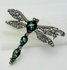 Abalone Lucite Black Diamond Crystal Dragonfly Pin Brooch Pendant