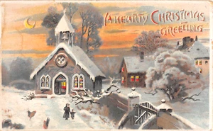 Cartolina Auguri Natale 1907 Tenuta alla Luce Chiesa Innevata Cuore - Foto 1 di 2