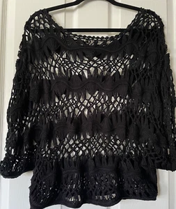 L'AFFAIRE schwarz offener Strick kurzarmiger Poncho Stil 100% Baumwolle Top XL - Bild 1 von 8