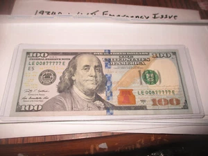 $100 2009 FANCY SERIAL NUMBER FIVE 7's # 00877777 OVERALL GOOD COND. MINOR FOLDS - Picture 1 of 4