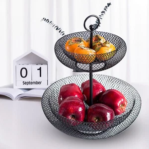 2 Tier Fruit Basket Holder Rack Iron Art Vegetable Bowl Storage Stand Black NEW - Picture 1 of 9