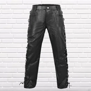 Piel Negra Hombre Pantalones Diseñadores Moto Biker Pantalones Pitillos - Imagen 1 de 4